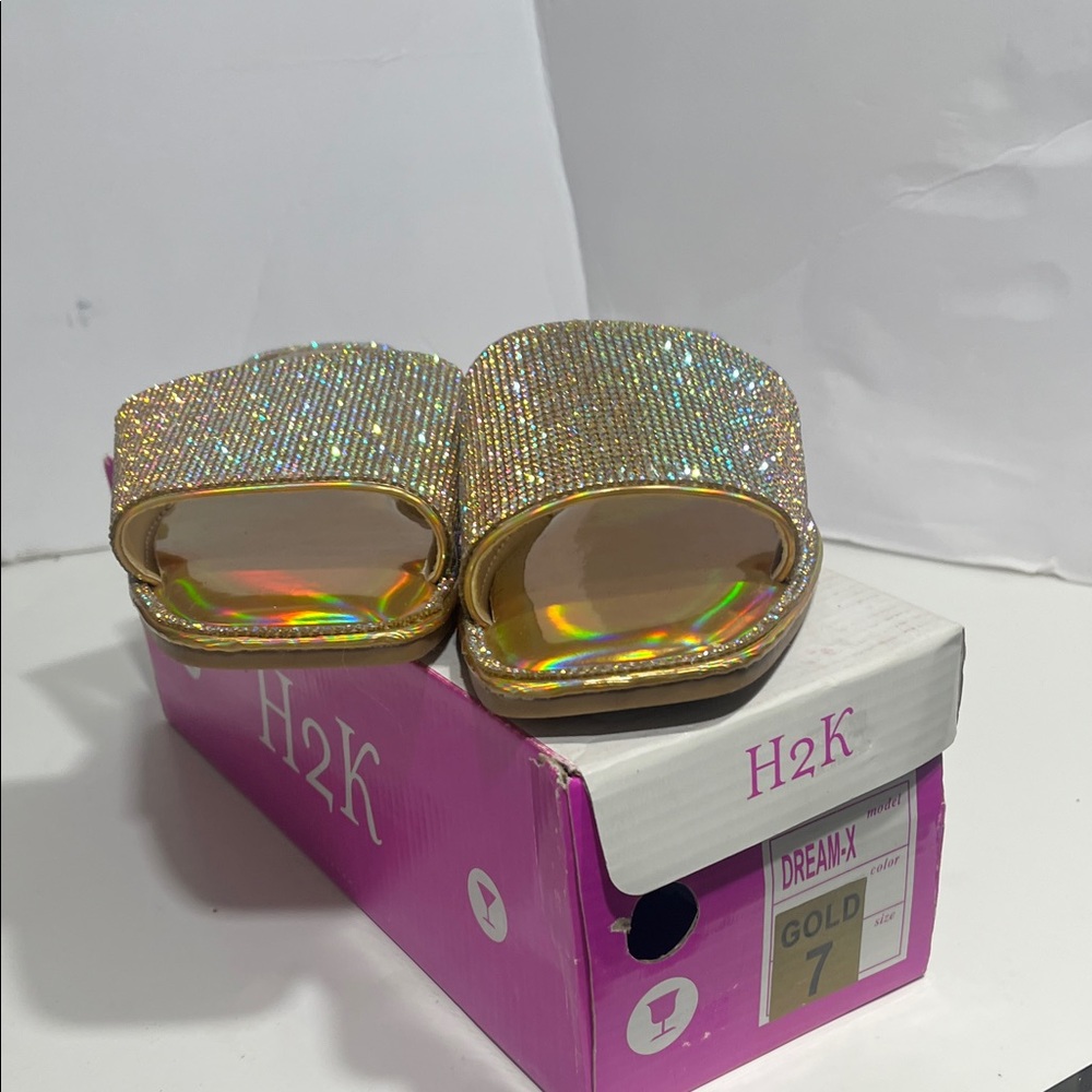 H2K Gold Rhinestone Slide Sandals
